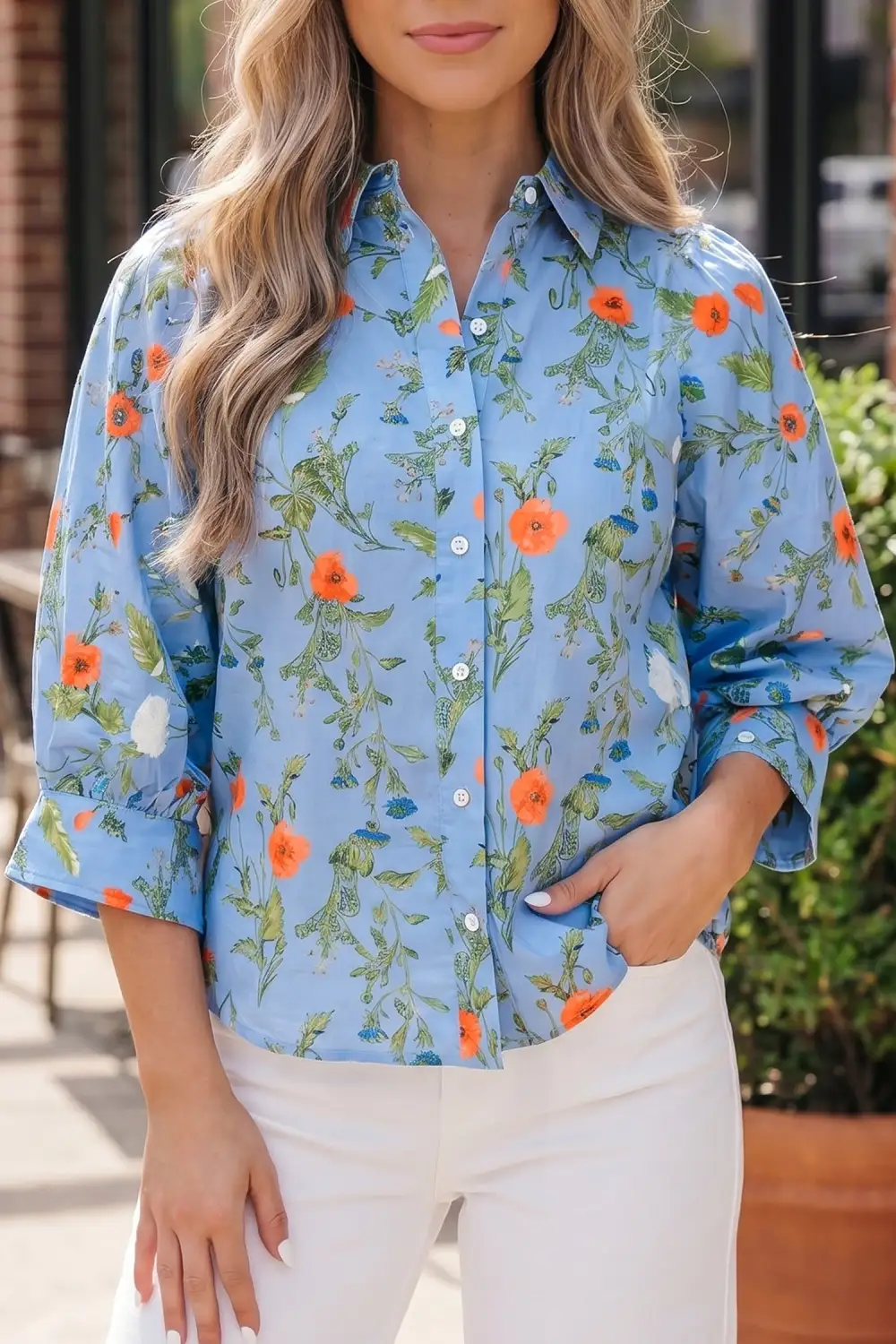 Women's Floral Print Bracelet Sleeve Button Front Blouse
