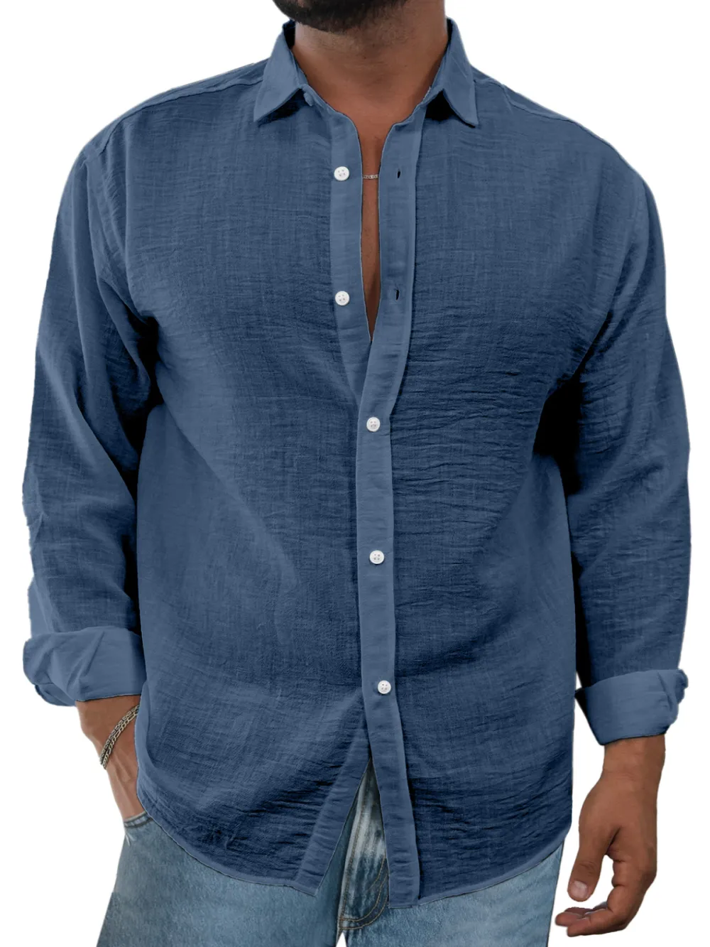 Linen Blend Open Collar Shirt