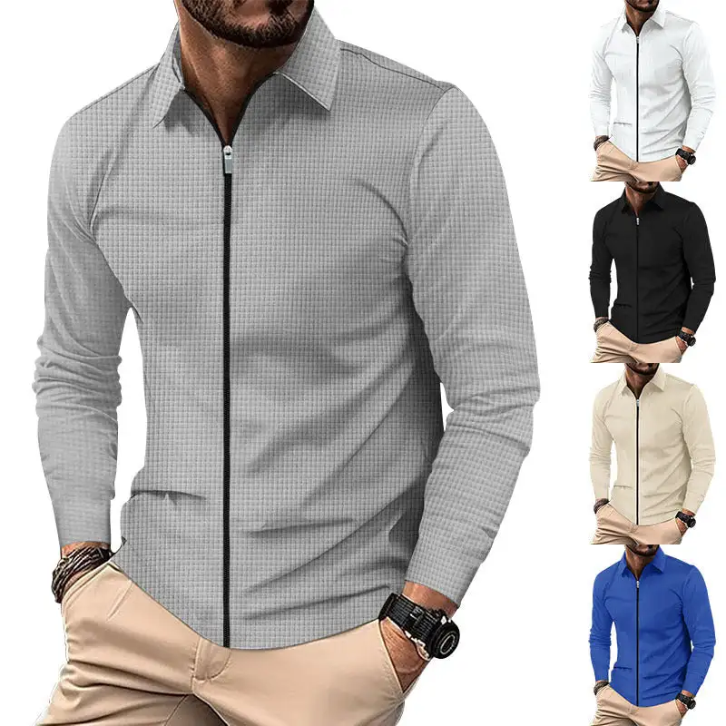 Waffle Texture Long Sleeve Fine Knit Polo Shirt