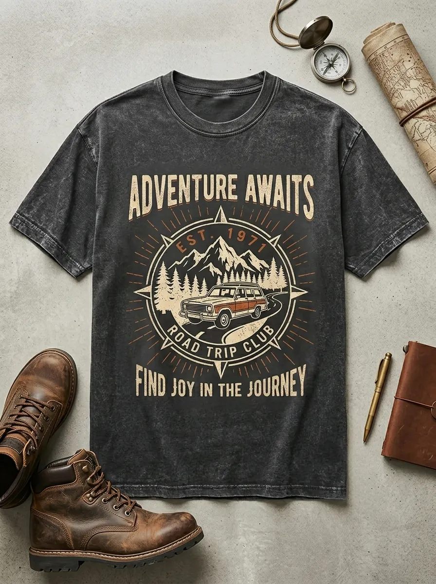Unisex Adventure Road Trip Mountain Car Printed T-shirt