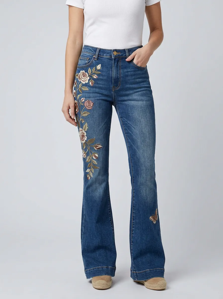 Women's Medium Wash Floral Butterfly High-Rise Flare Jeans