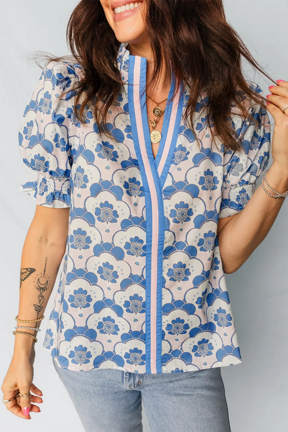 Sky Blue Floral Print Flounced Blouse