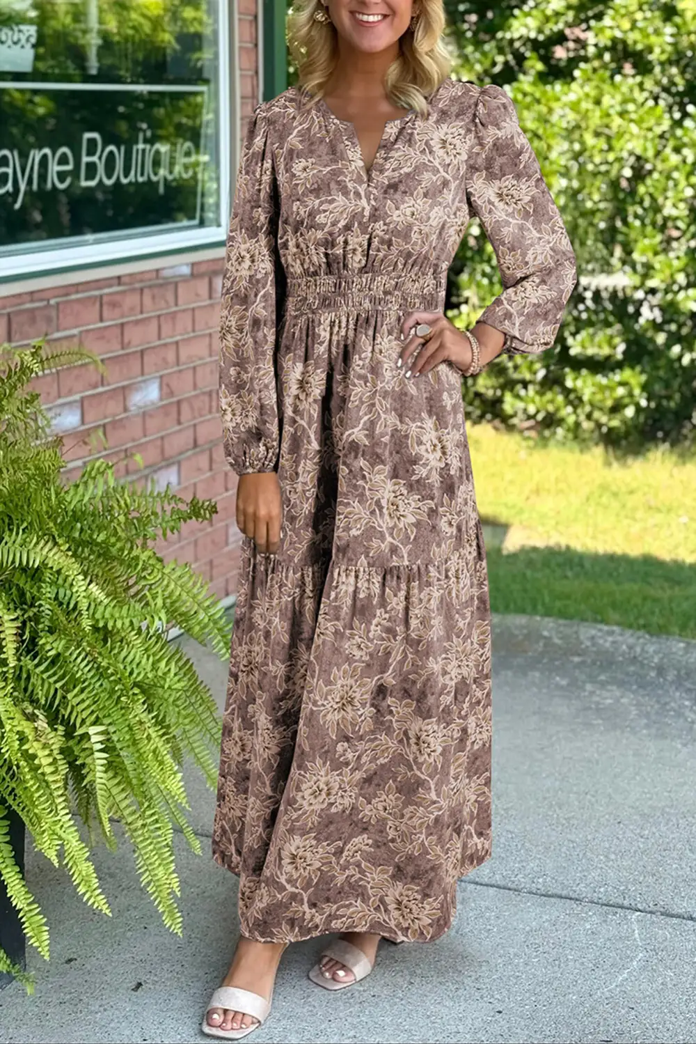 Floral Print Smocked High Waist Long Sleeve Maxi Dress