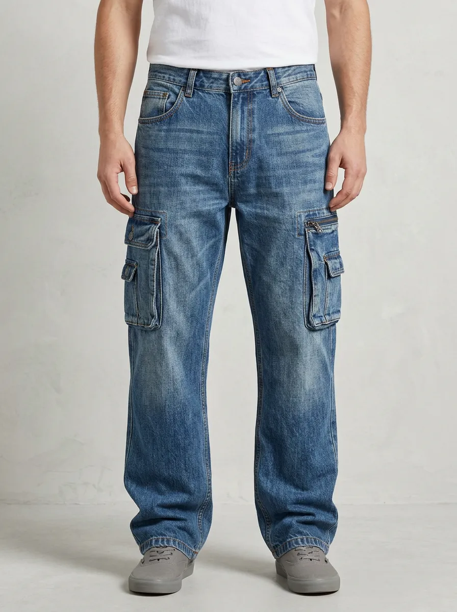 Men's Streetwear Washed Denim Multi-Pocket Cargo Jeans