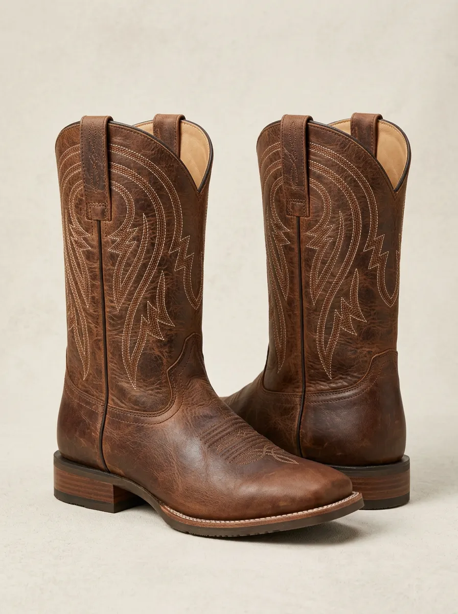 Men's Western Cowboy Brown Distressed Leather Embroidered Cowboy Boots
