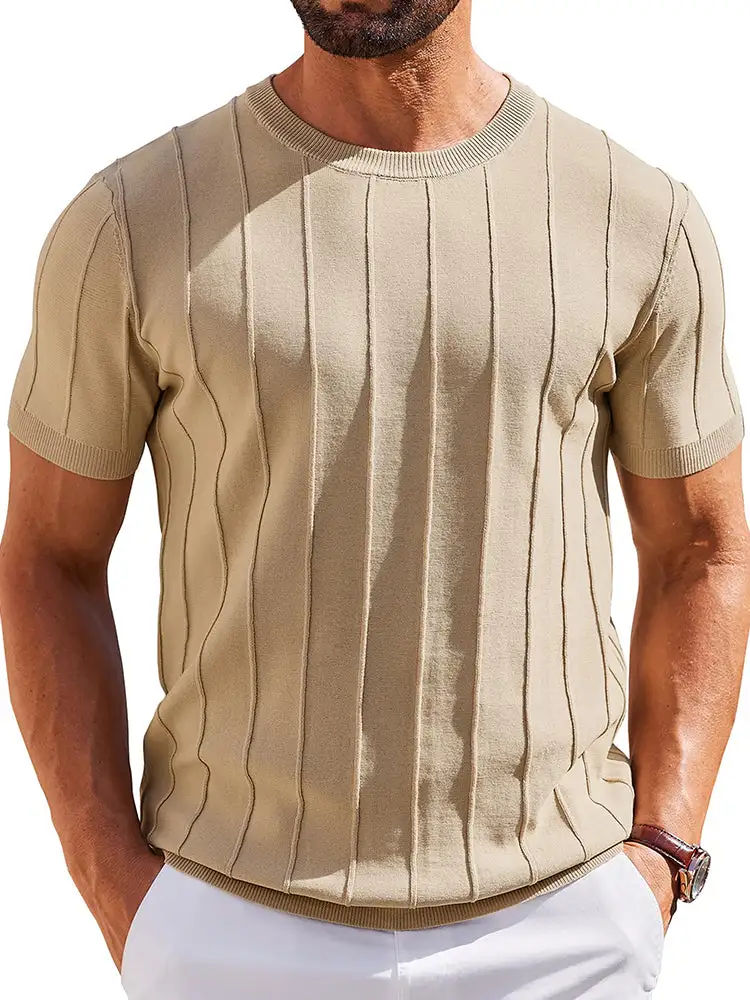 Casual Short Sleeve Shirt Ribbed Knit Pullover Tee
