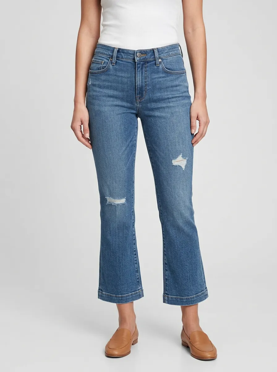 Women's Mid-Rise Clean-Hem Distressed Kick-Crop Jeans