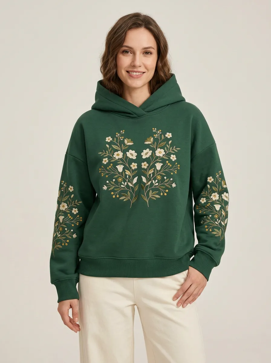 Women's Botanical Floral Embroidered Graphic Nature Inspired Relaxed Layer Hoodie