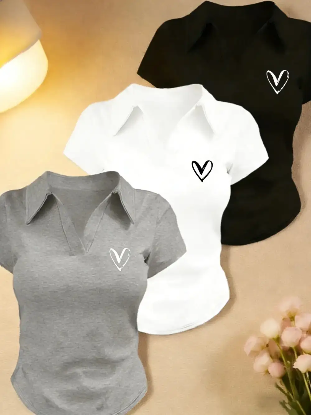 Women's 3 Pack Heart Graphic Polo Shirts, Short Sleeve V Neck Slim Fit Crop Tops, Soft Stretchy Y2K Aesthetic Tees, Casual Going Out Daily Wear for Teens, Juniors & Young Adults
