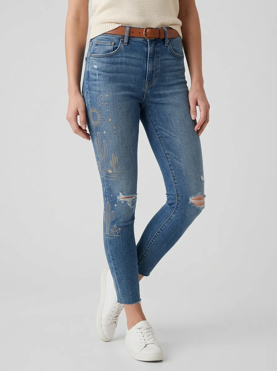 Women's Desert Boho Cactus Sun Moon Graphic Slim Jeans
