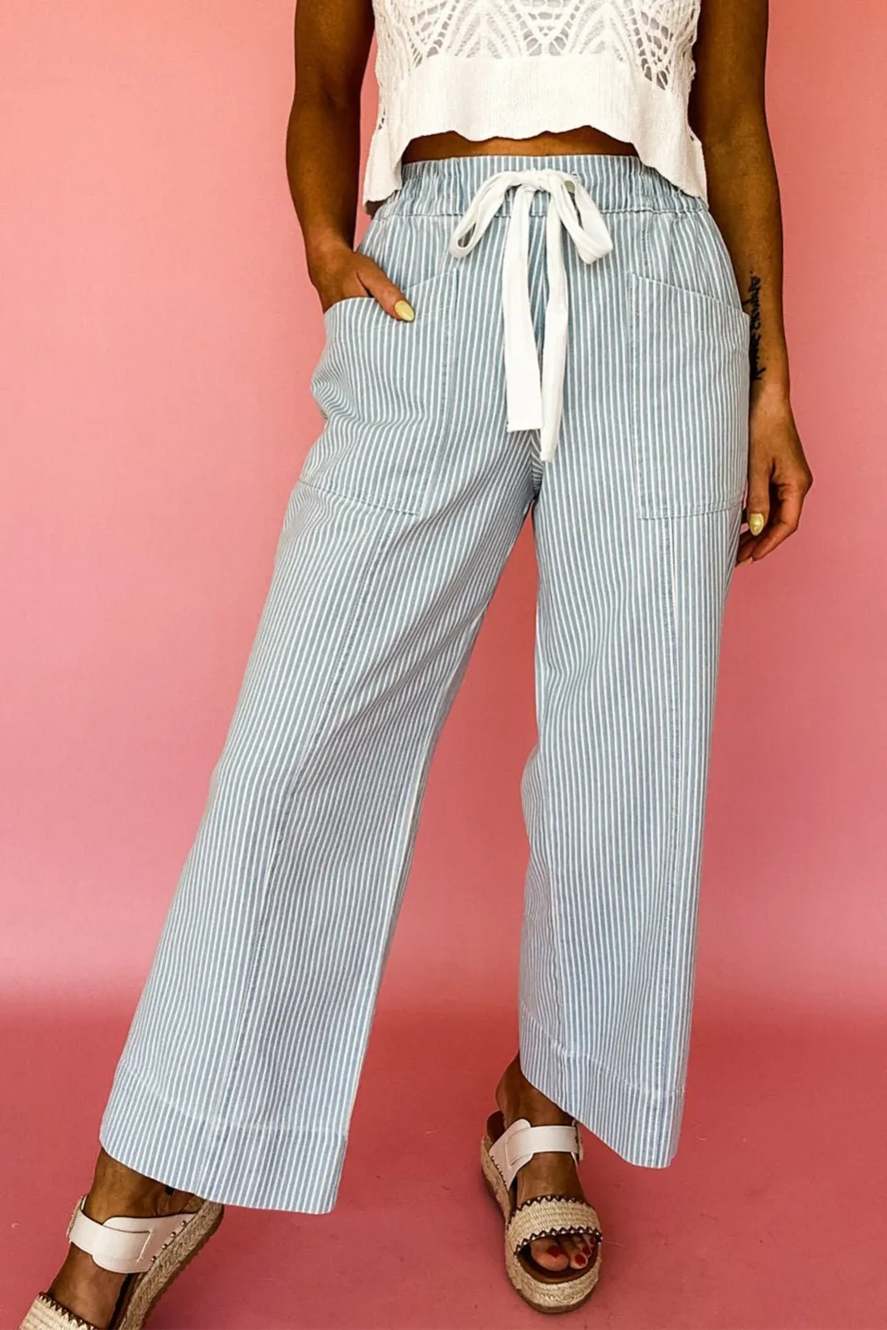 Striped Mid Rise Drawstring Pocketed Casual Jeans