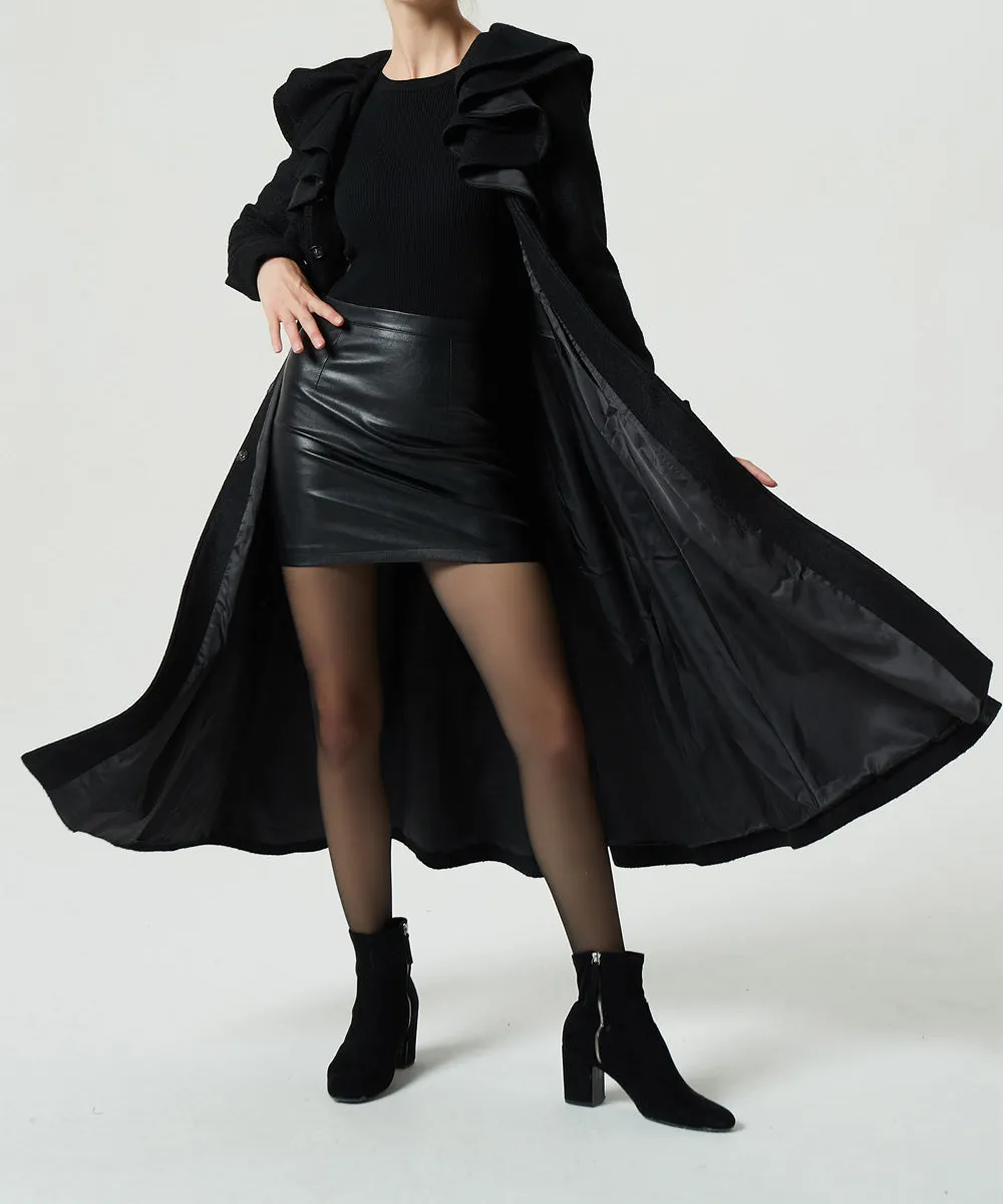 Wool Blend Fit and Flare Ruffle Trim Pleated Long Coat