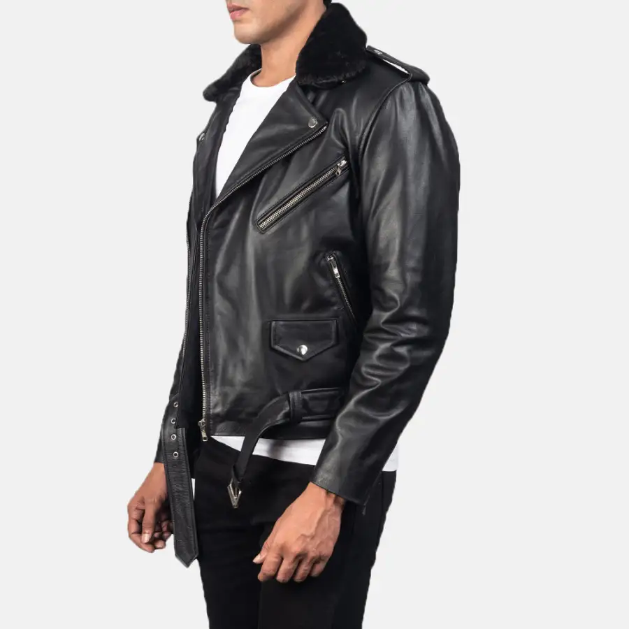 Men's Classic Biker Leather Fur Trim Jacket