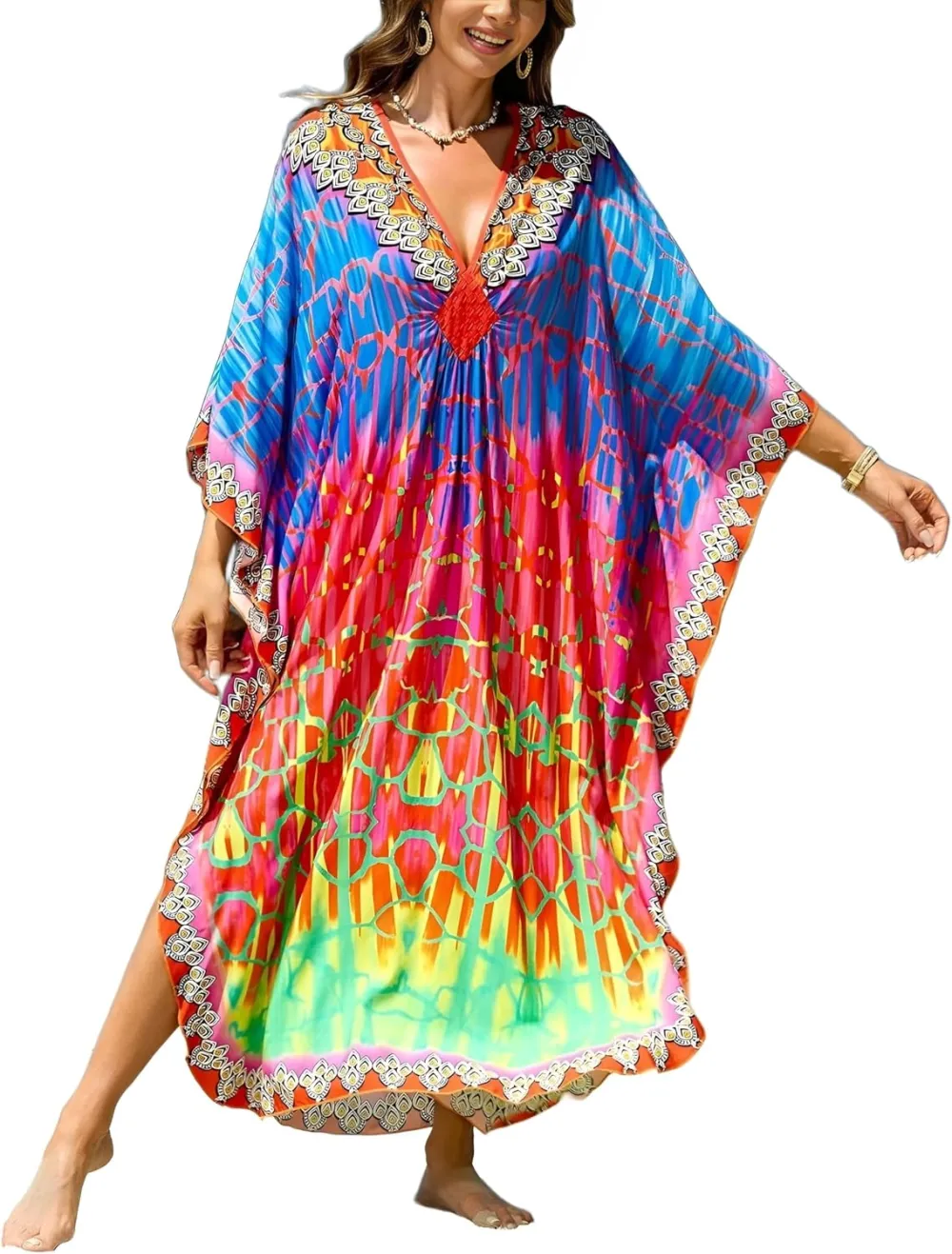 IMAGEKOPE Kaftan Dresses for Women Plus Size V-Neck Moo Moos Batwing Kaftan Beach Dress Bathing Suit Cover-Up Loungewear