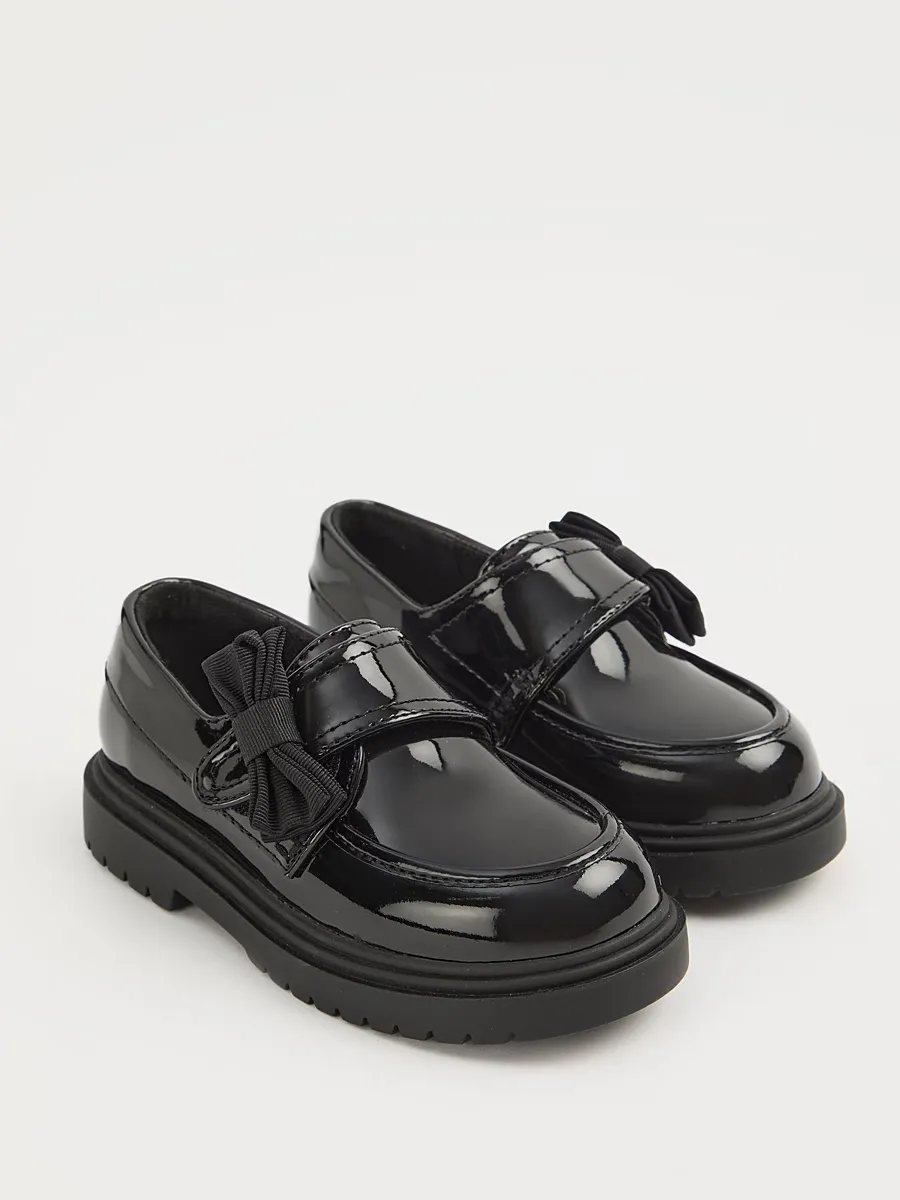 Black Patent Bow Strap Chunky Loafer School Shoes