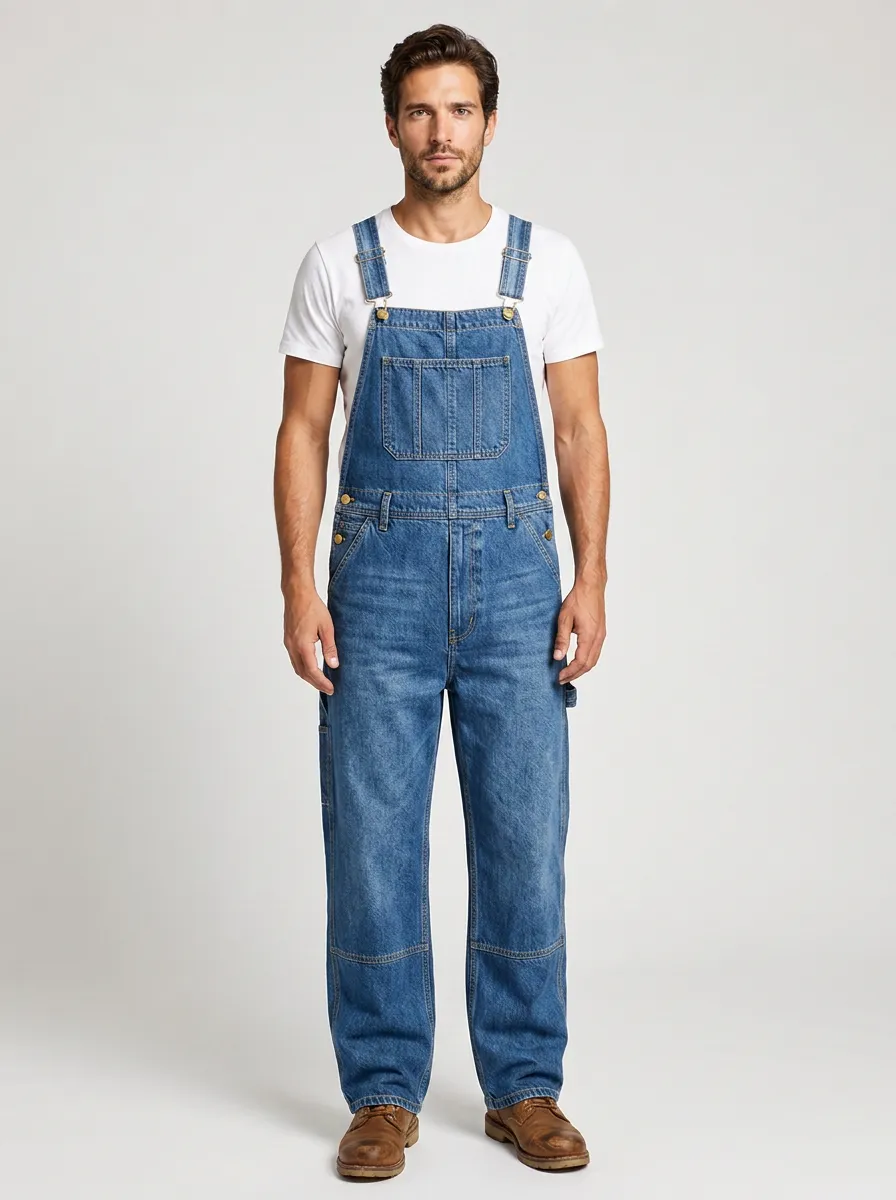 Men's Vintage Blue Denim Bib Overalls for Casual Wear