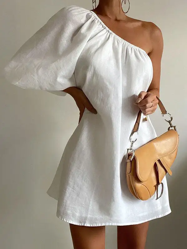 Three Quarter Sleeve Asymmetric Elasticity Solid Color One Shoulder Mini