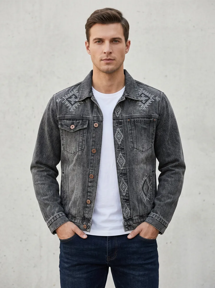 Men's Tribal Printed Western Inspired Denim Jacket