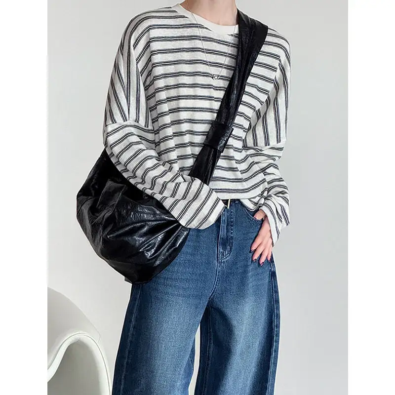 Flowing Round Neck Striped Long Sleeve T-Shirt