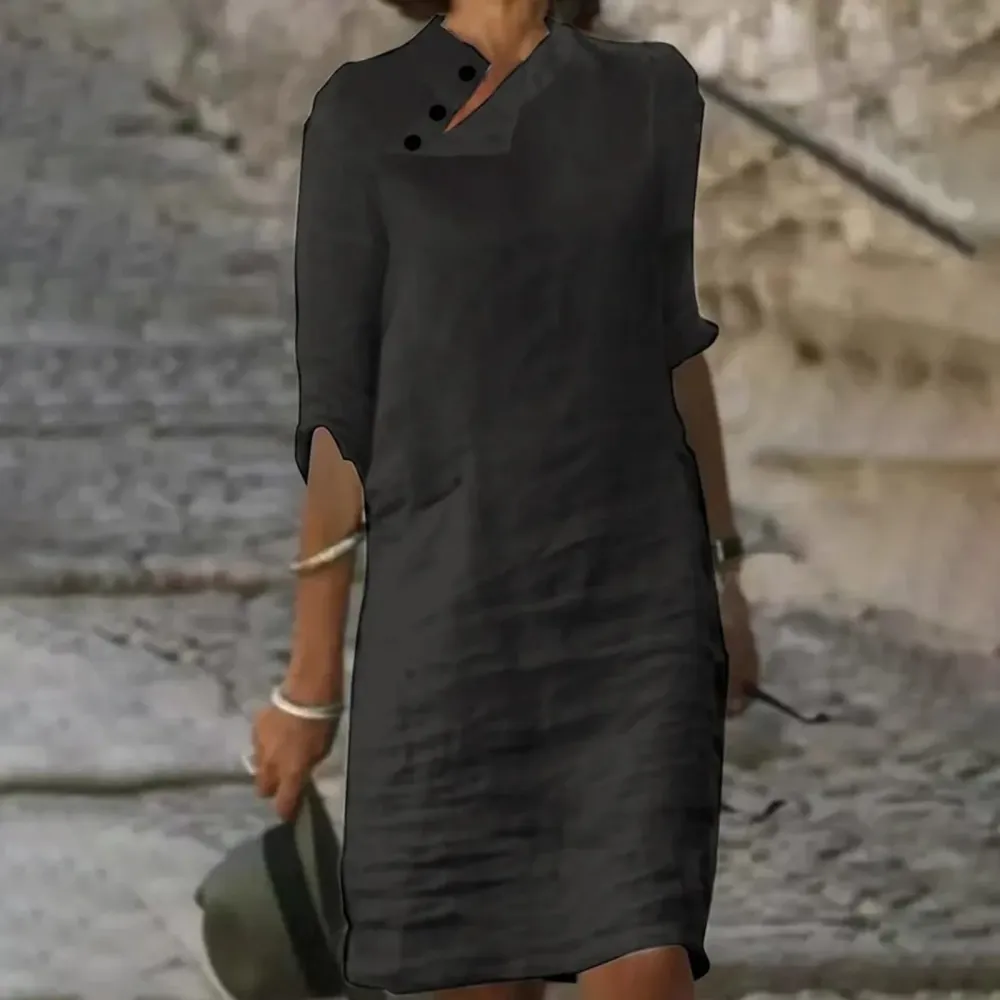 Linen Blend Cotton Blend Midi Dress