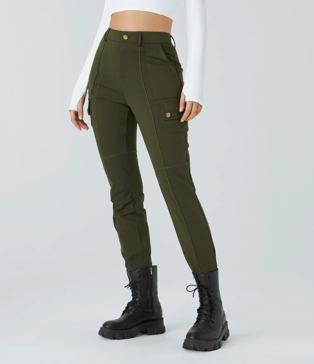 High Waisted Button Zipper Multiple Pockets Solid Skinny Cargo Pants