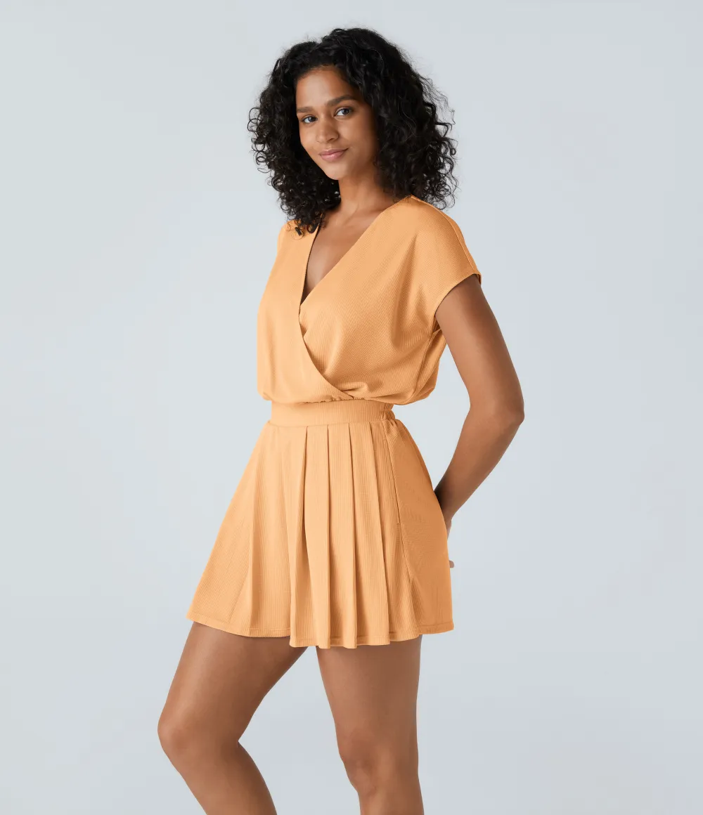 V Neck Short Sleeve Pocket Waffle Casual Romper
