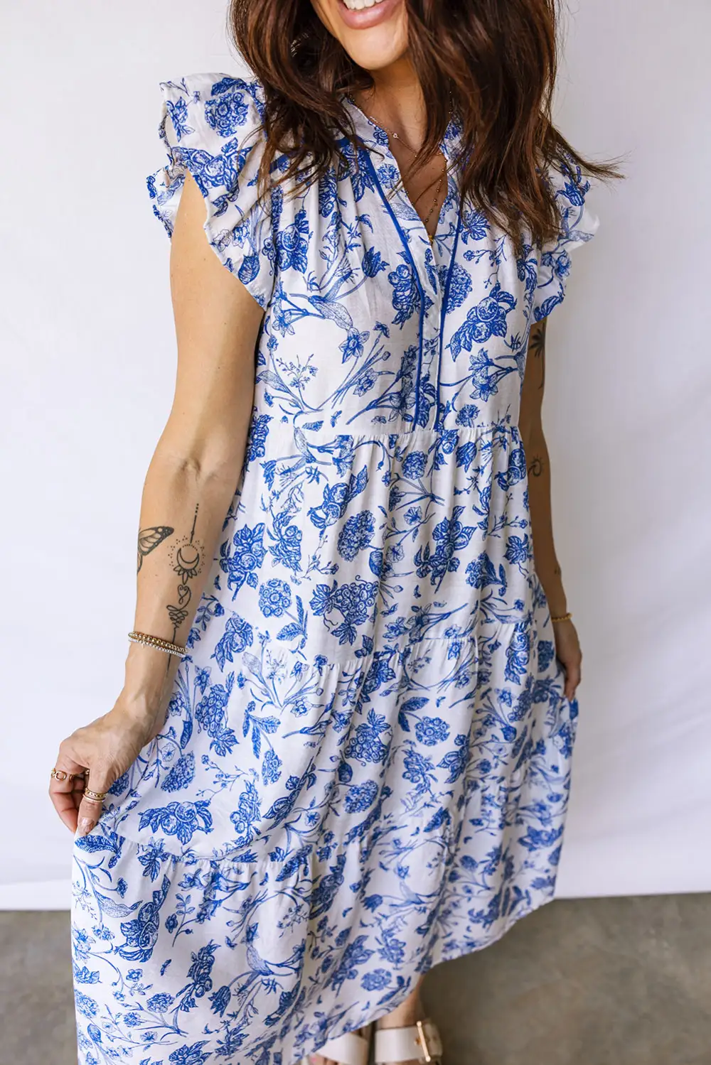 Polished Detail Floral Ruffle Tiered Midi Dress