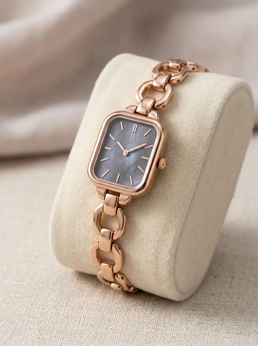 Classic Rose Gold Rectangular Mother-of-pearl Link Watch