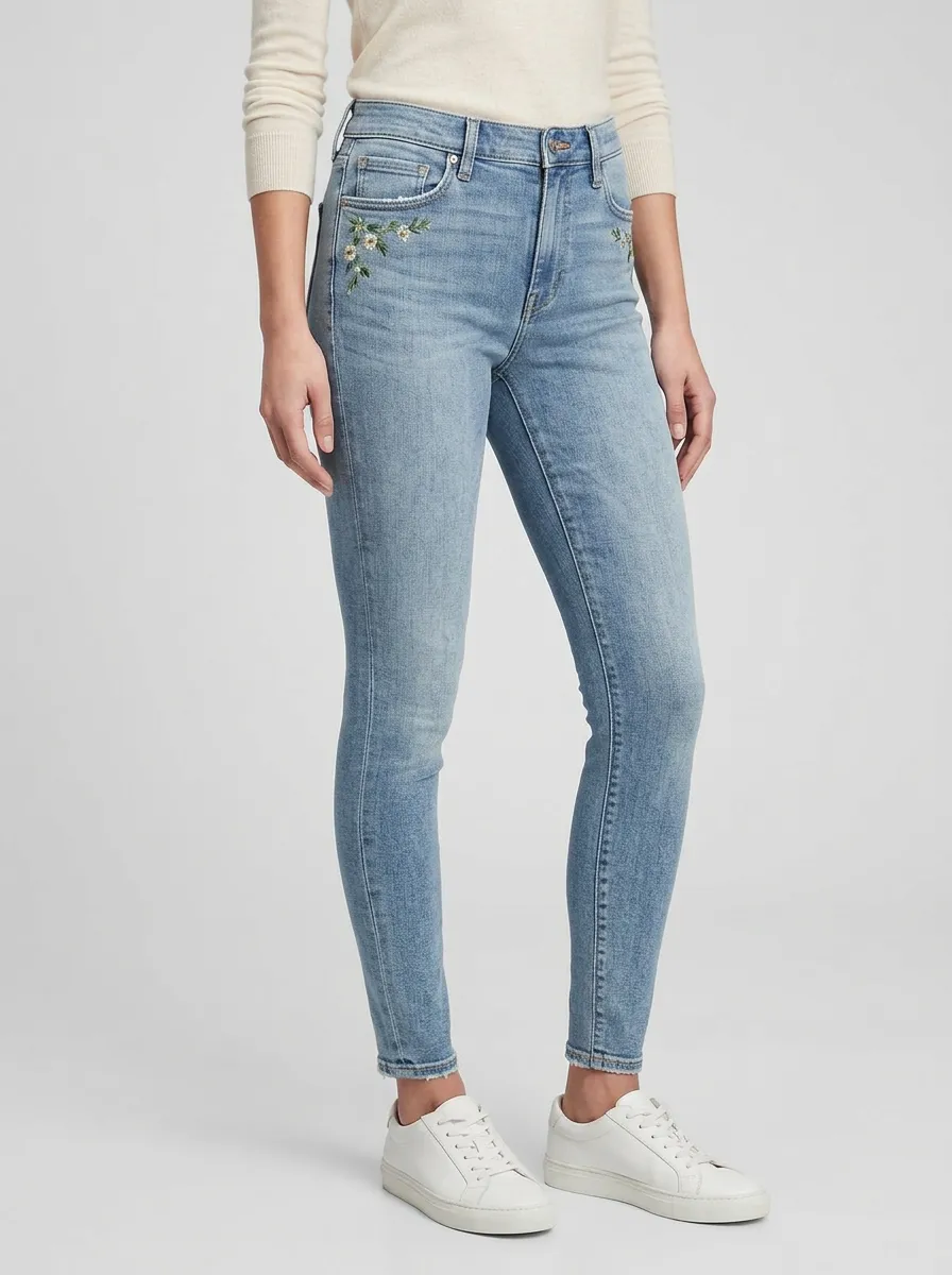 Women's Floral Daisy Embroidered Printed Slim Jeans