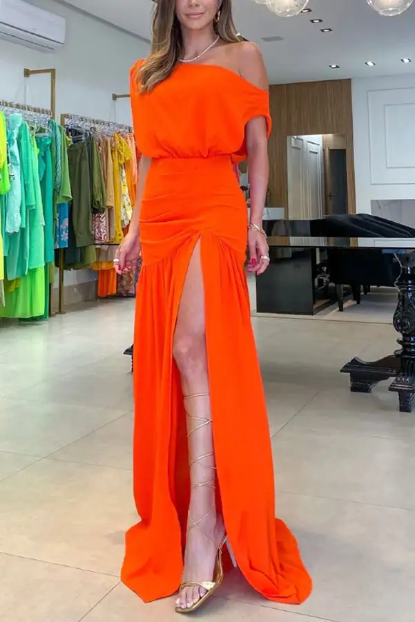 Elegant Ruched One Shoulder Top And Slit Maxi Skirt Set