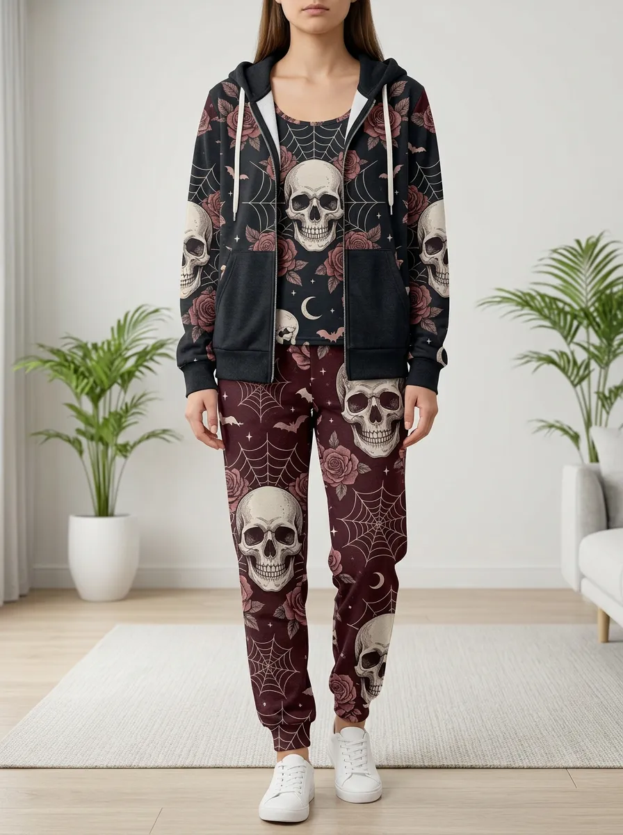 Women's Halloween Gothic Skull Rose Spiderweb Printed Outfit Set