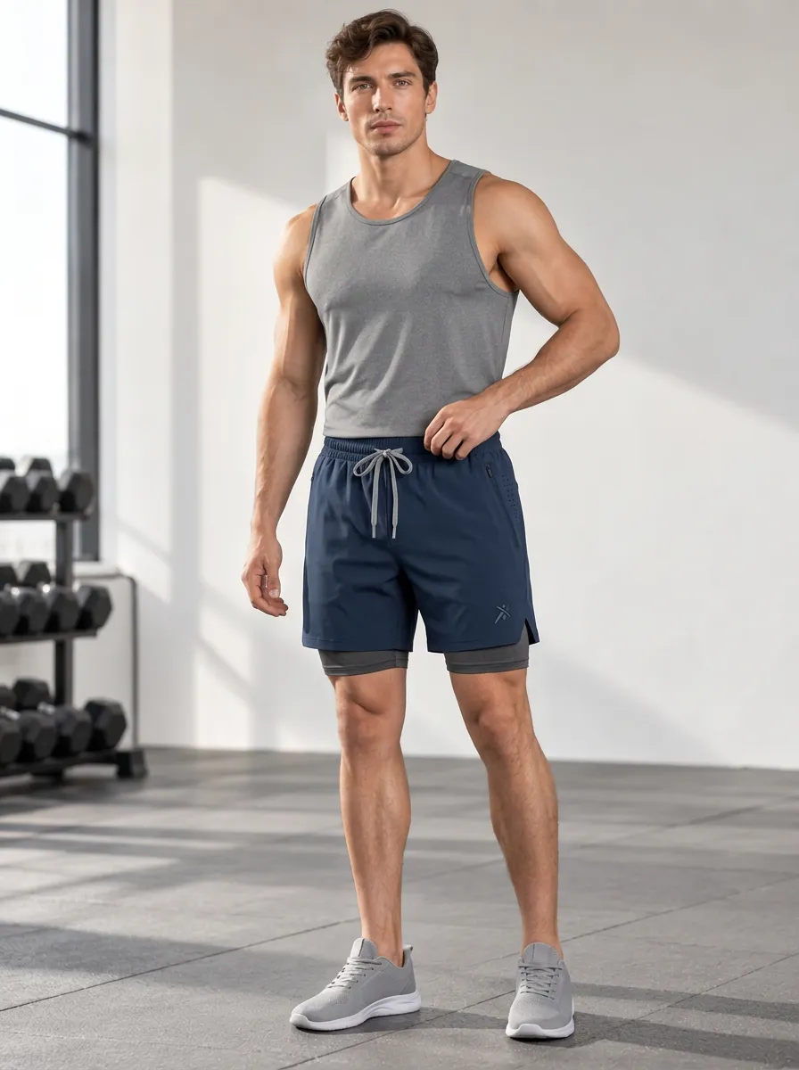 Men's Dual Layer Drawstring Workout Shorts
