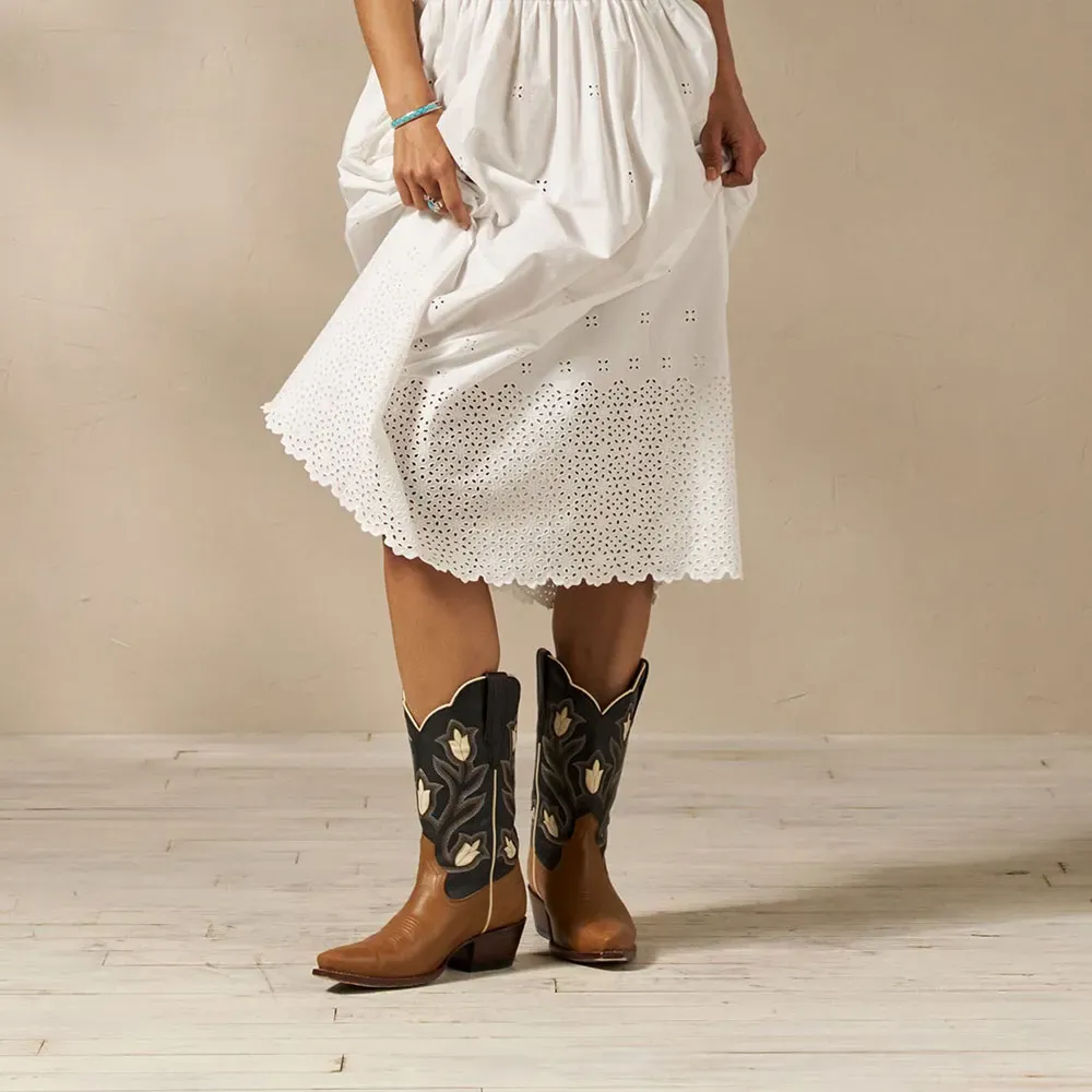 Faux-Leather Embroidered Floral Snip-Toe Mid-Calf Boots