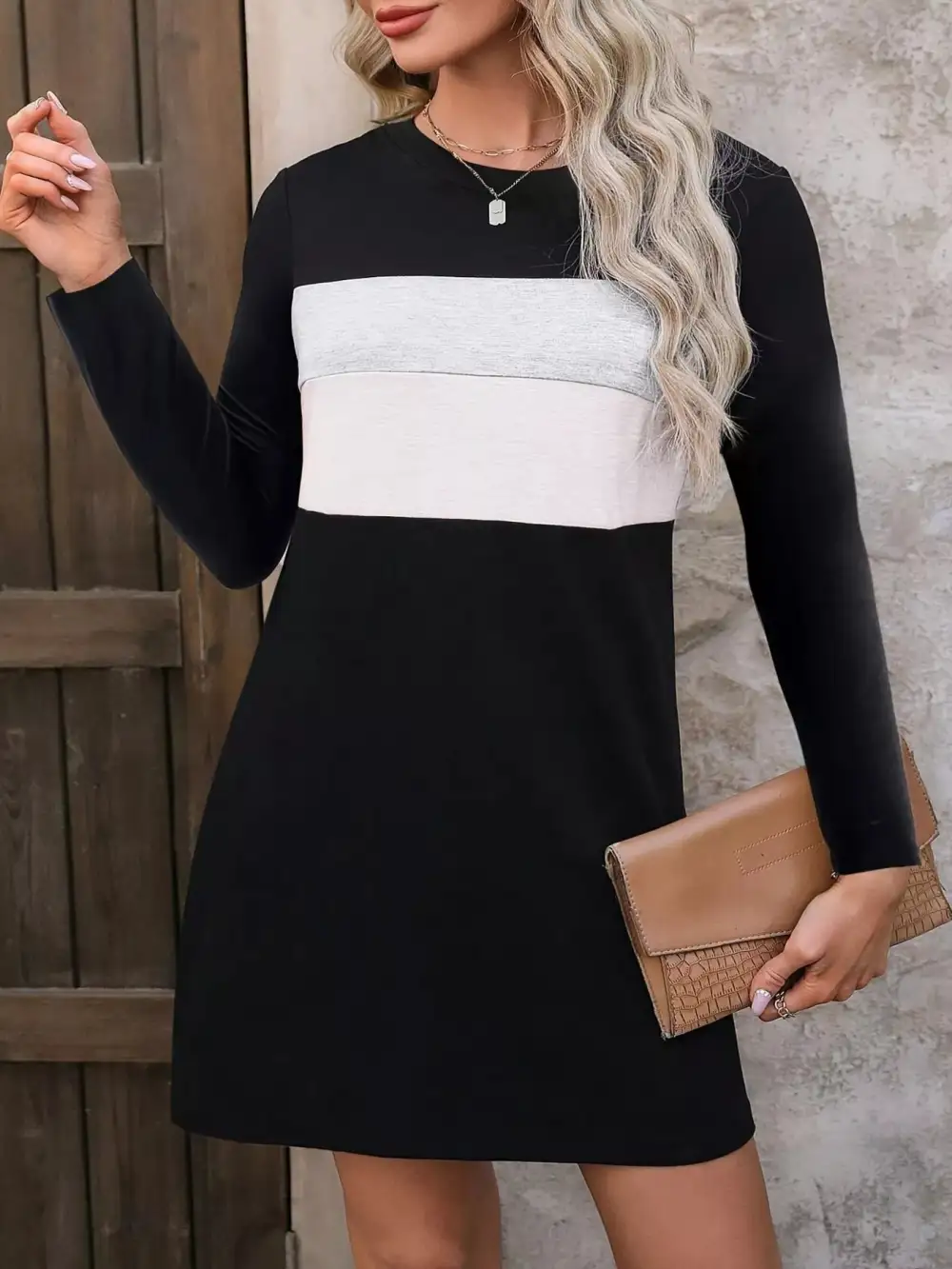 Patchwork Long Sleeve Mini Dress
