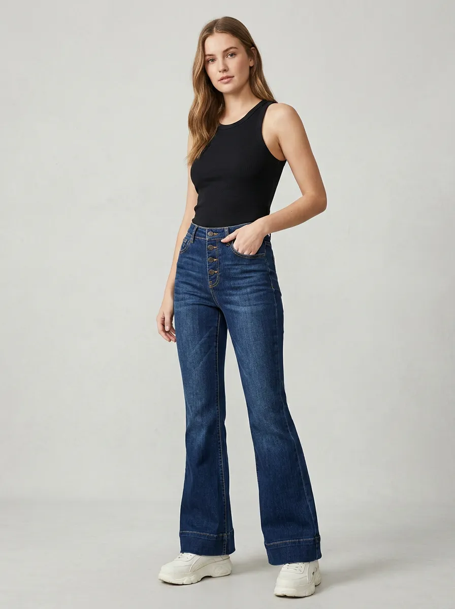 Women's High-Waisted Button-Fly Flare Denim Jeans
