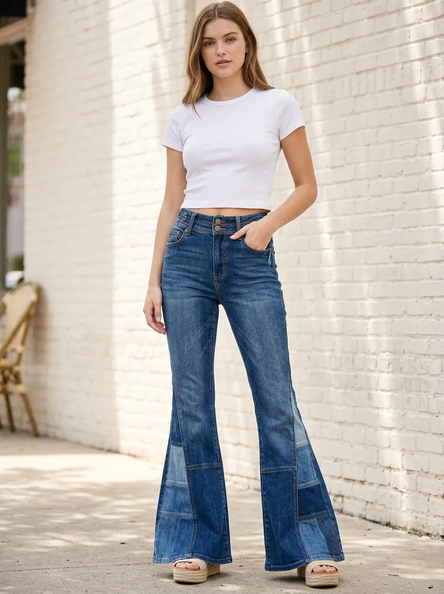 Women's Vintage Style Patchwork Denim Printed Flare Jeans