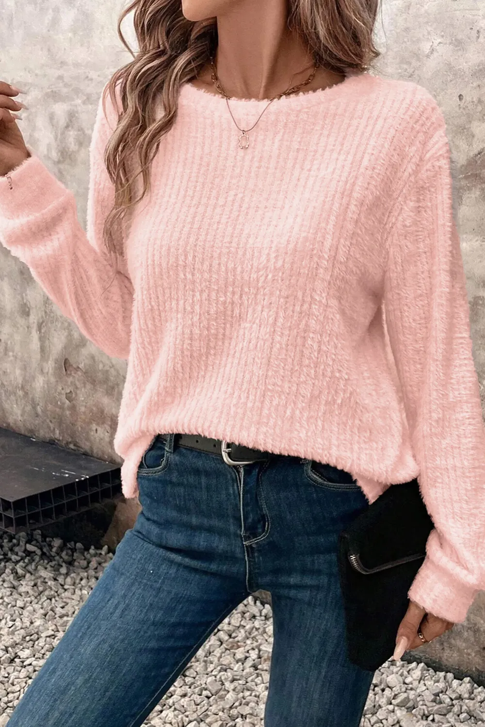Light Pink Fuzzy Ribbed Texture Top