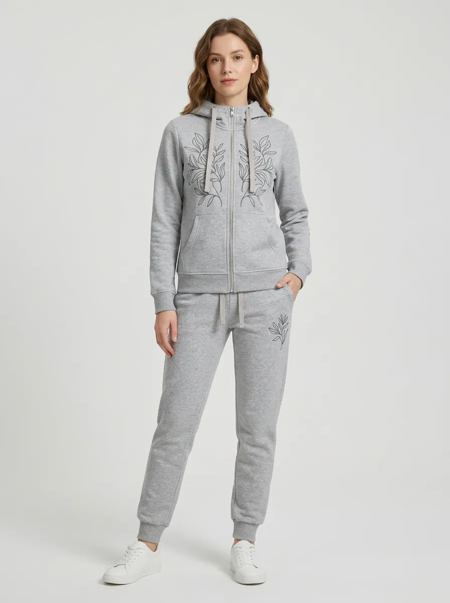 Women's Heather Grey Floral Line Art Embroidered Zip-Up Hoodie Jacket & Jogger Set