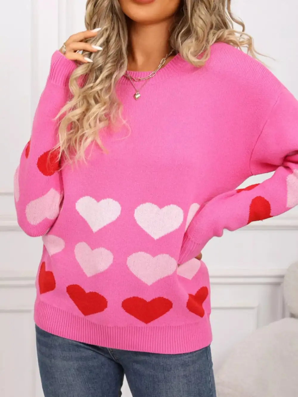 Valentine's Day Heart Pattern Crew Neck Sweater