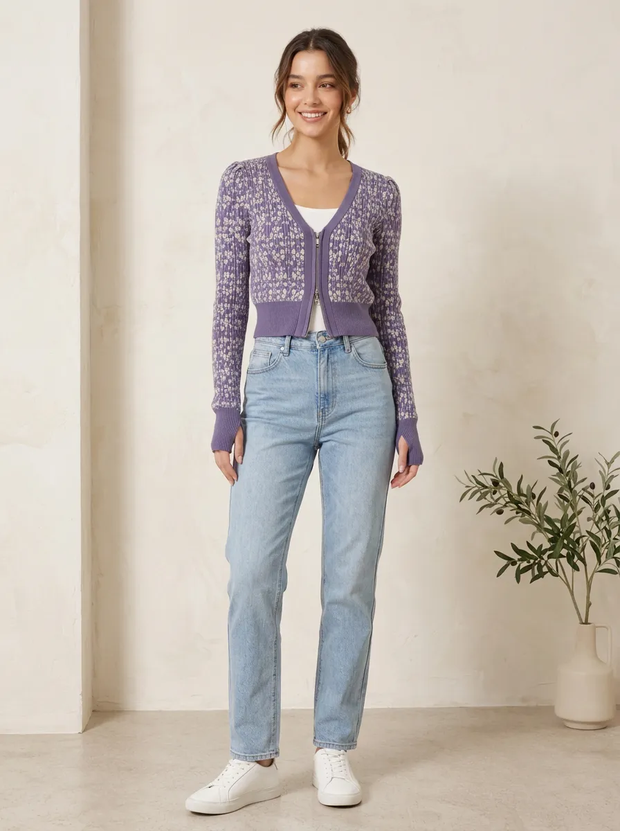 Women's Floral Pattern Purple Ribbed Knit Printed Cardigan