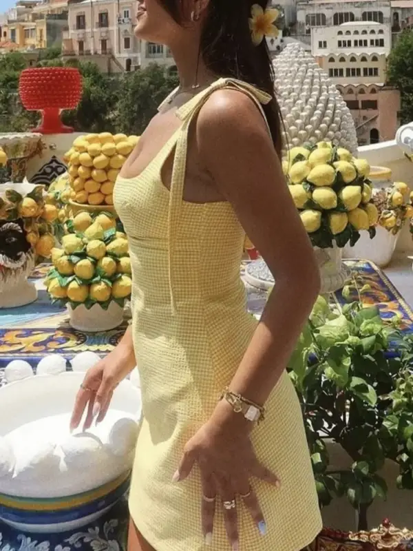 Soft Everyday Gingham Tie-Shoulder Mini Dress