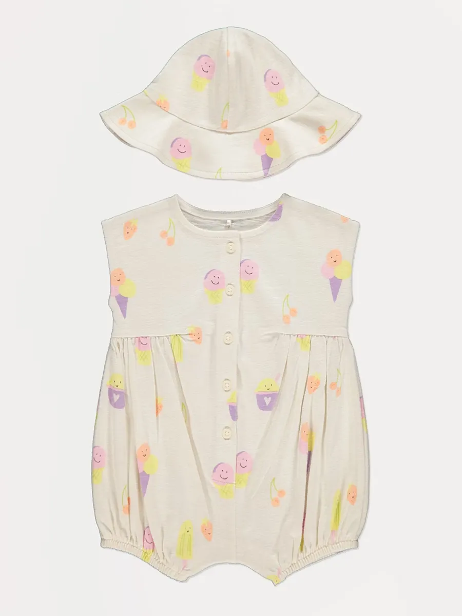 Ice Cream Sleeveless Romper and Bucket Hat Set