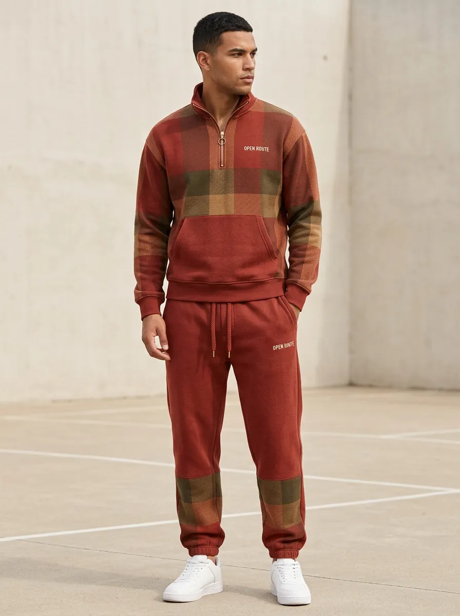 Men's  Plaid Pattern Quarter-Zip Print Jogger Set