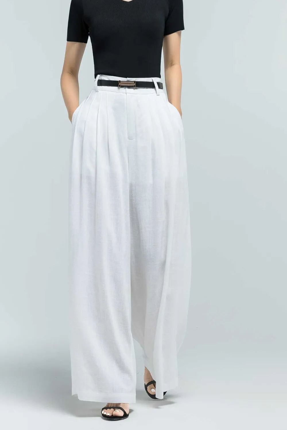 Linen Palazzo Wide Leg Pleated Trousers