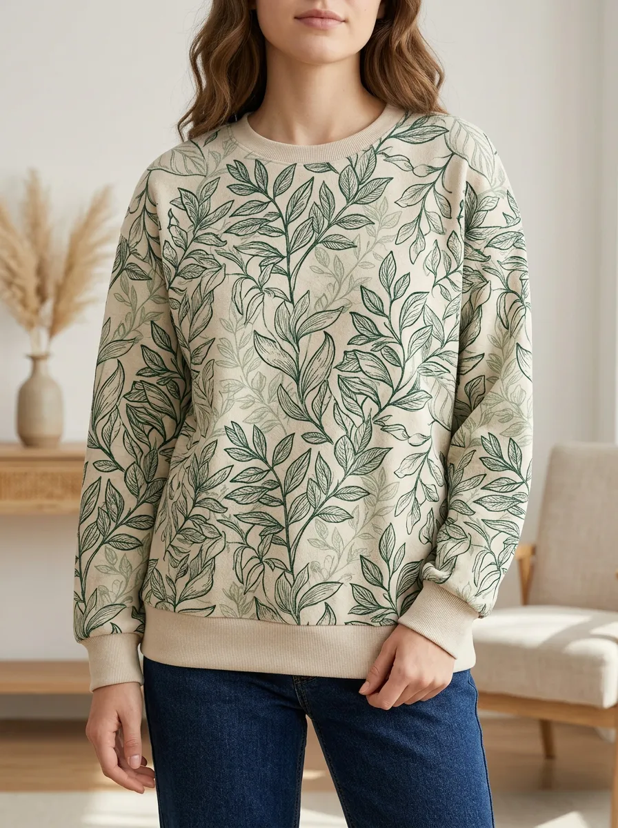 Women's Leaf Print Crewneck Sweatshirt Botanical Nature Inspired