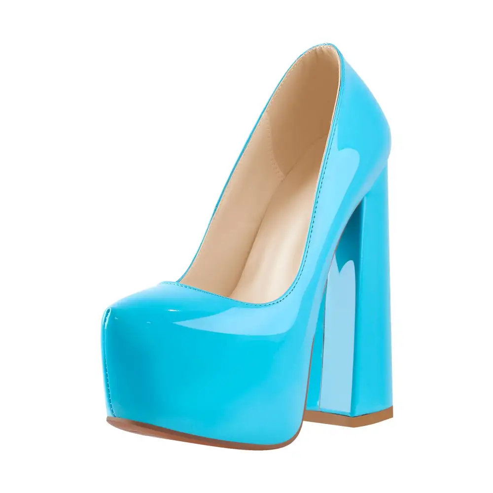 Patent Finish Round Toe Platform Chunky Heel Slip On Pumps
