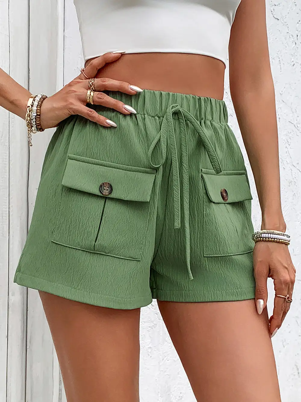 Textured Tied Elastic Waist Shorts with Pockets