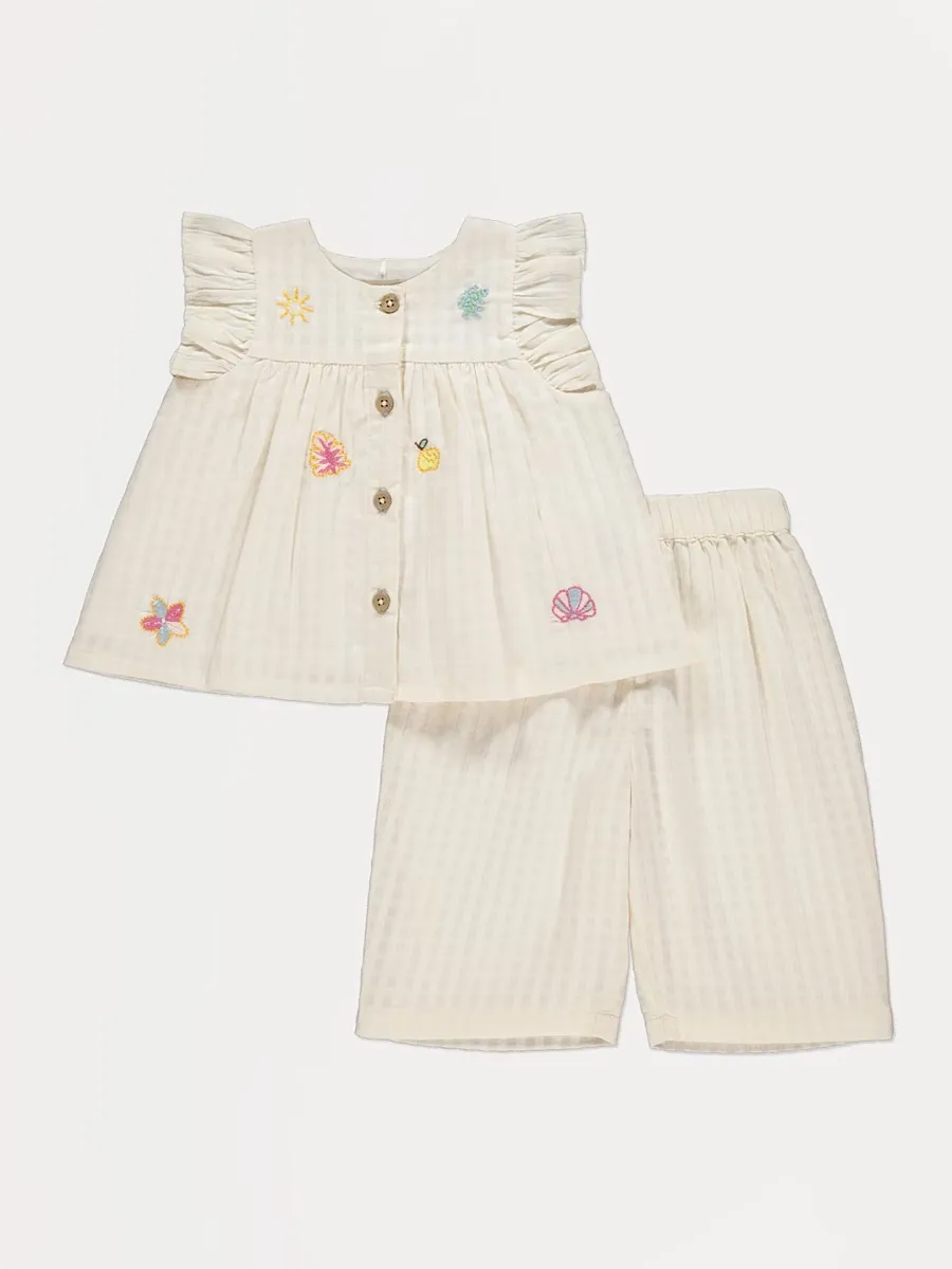 Neutral Gingham Embroidered Top and Trousers Outfit