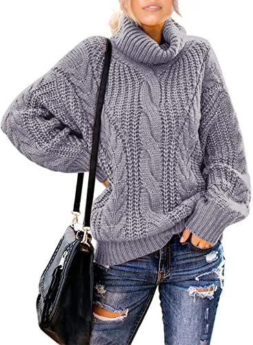 Womens Turtle Cowl Neck Solid Color Soft Comfy Cable Knit Pullover Sweaters S-2XL