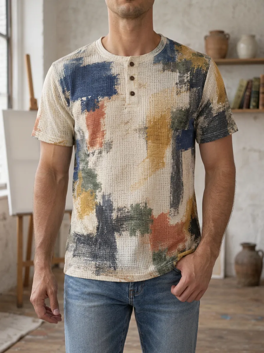 Men's Modern Abstract Paint Stroke Waffle Knit Henley T-Shirt